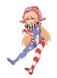 Rule 34 | 1girl, :d, american flag dress, american flag legwear, bad id, bad pixiv id, between legs, blonde hair, bright pupils, clownpiece, fang, flat chest, full body, hair between eyes, hand between legs, hat, highres, jester cap, long hair, looking at viewer, neck ruff, open mouth, pantyhose, pink eyes, pink hat, polka dot, polka dot headwear, short sleeves, simple background, sitting, skin fang, smile, solo, soya6479, star (symbol), star print, striped, teeth, tongue, touhou, very long hair, white background, white pupils