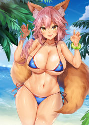 Rule 34 | 1girl, :d, animal ear fluff, animal ears, bare shoulders, beach, bikini, blue bikini, blue sky, blush, bracelet, breasts, claw pose, cleavage, cloud, collarbone, cowboy shot, curvy, day, fang, fate/extra, fate/grand order, fate (series), fox ears, fox girl, fox tail, hair between eyes, hands up, hip focus, jewelry, large breasts, legs together, long hair, looking at viewer, navel, ocean, oni-noboru, open mouth, outdoors, palm tree, paw pose, pink hair, revision, shiny skin, sky, smile, solo, standing, stomach, swimsuit, tail, tamamo (fate), tamamo no mae (fate/extra), tamamo no mae (swimsuit lancer) (fate), tan, tanline, thighs, tree, yellow eyes