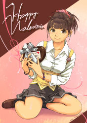Rule 34 | 1girl, bracelet, brown eyes, brown hair, candy, carina (xiaowoo), chocolate, chocolate heart, earrings, english text, gift, heart, high ponytail, highres, jewelry, original, ribbon, ring, sitting, smile, smiley face, solo, suspenders, valentine, yokozuwari