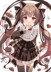 Rule 34 | 1girl, :o, animal ears, brown dress, brown eyes, brown hair, cat ears, cat girl, cat hair ornament, cat tail, coffee, cookie, cowboy shot, cup, dress, food, goma (u p), hair ornament, hair ribbon, hand to own mouth, highres, original, ribbon, tail, teacup, twintails, white background
