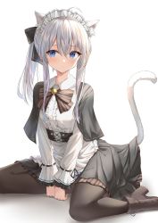 Rule 34 | 1girl, alternate costume, animal ears, between legs, black bow, black capelet, black pantyhose, black skirt, blue eyes, blush, bow, breasts, capelet, cat ears, cat girl, cat tail, closed mouth, collar, collared shirt, commentary request, elaina (majo no tabitabi), extra ears, frilled collar, frilled sleeves, frills, hair between eyes, hair bow, hand between legs, highres, kanaria hisagi, kemonomimi mode, long hair, long sleeves, looking at viewer, maid day, maid headdress, majo no tabitabi, pantyhose, shirt, simple background, sitting, skirt, small breasts, solo, tail, tail raised, wariza, white background, white shirt
