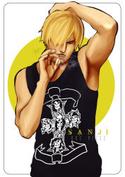Rule 34 | 1boy, alternate costume, blonde hair, border, character name, cigarette, contemporary, facial hair, goatee, guns &#039;n&#039; roses, hair over one eye, harryyong, highres, male focus, one piece, sanji (one piece), skull print, smoking, solo, tank top
