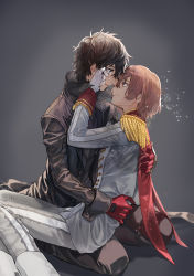Rule 34 | 2boys, akechi gorou, amamiya ren, backlighting, black hair, brown hair, cezaria, coat, crying, crying with eyes open, dissolving, epaulettes, eye contact, gloves, hand on another&#039;s face, highres, holding, holding person, kneeling, long sleeves, looking at another, male focus, messy hair, multiple boys, persona, persona 5, popped collar, red eyes, red gloves, sad, short hair, sitting, sitting on lap, sitting on person, tearing up, tears, white gloves, wiping tears, yaoi