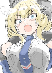 Rule 34 | 1girl, absurdres, blonde hair, blue eyes, blue necktie, braid, breasts, capelet, colorado (kancolle), commentary request, fang, garrison cap, grey capelet, grey hat, hat, highres, kantai collection, large breasts, looking at viewer, necktie, open mouth, poyo (hellmayuge), shirt, short hair, side braids, simple background, sleeveless, solo, upper body, white background, white shirt