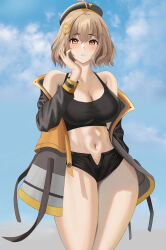 Rule 34 | 1girl, absurdres, ahoge, anis (nikke), bare shoulders, black headwear, black shorts, black sports bra, blush, breasts, brown hair, cleavage, day, goddess of victory: nikke, hair ornament, hand on own cheek, hand on own face, highres, kobamaki, large breasts, looking at viewer, micro shorts, navel, off-shoulder jacket, off shoulder, open fly, outdoors, parted lips, short hair, shorts, solo, sports bra, thick thighs, thighs, yellow eyes