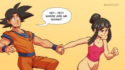 1boy 1girl angry artist_name black_hair bottomless chi-chi_(dragon_ball) dragon_ball dragonball_z english_text hair_bun highres holding_hands husband_and_wife muscular muscular_male navel nortuet orange_background orange_pants pants pulling short_sleeves sidelocks simple_background single_hair_bun son_goku speech_bubble spiked_hair tank_top teeth