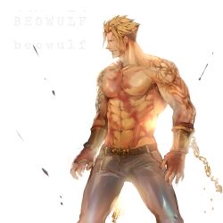 Rule 34 | 1boy, 6 (brm6), abs, arm tattoo, beowulf (fate), blonde hair, denim, facial hair, fate/grand order, fate (series), feet out of frame, goatee, highres, jeans, large pectorals, looking at viewer, male focus, mature male, muscular, muscular male, nipples, pants, pectorals, red eyes, scar, scar across eye, scar on chest, short hair, sideburns, smirk, solo, standing, stomach, tattoo, topless male