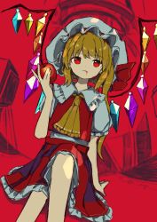 Rule 34 | 1girl, absurdres, apple, arm support, ascot, blonde hair, blood, blood from mouth, bow, closed mouth, commentary request, crossed legs, dot nose, dutch angle, empty eyes, feet out of frame, flandre scarlet, food, frilled ascot, frilled shirt, frilled shirt collar, frilled skirt, frilled sleeves, frills, fruit, hand up, hat, hat bow, highres, holding, holding food, holding fruit, long hair, looking at viewer, mob cap, neruzou, one side up, pleated skirt, red background, red bow, red eyes, red skirt, red vest, shirt, short sleeves, side ponytail, sitting, skirt, skirt set, solo, touhou, vest, white hat, white shirt, wings, yellow ascot