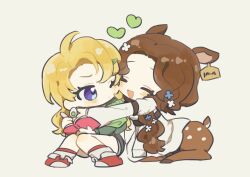Rule 34 | 2girls, animal ears, arm belt, blonde hair, blonney, blue eyes, blush, book, brown hair, centauroid, cheek-to-cheek, chibi, closed eyes, closed mouth, coat, commentary request, deer ears, deer tail, ear tag, earrings, flower, full body, green jacket, hair flower, hair ornament, hair over shoulder, hairclip, happy, heads together, heart, highres, holding, holding book, holding pen, hug, jacket, jessica (reverse:1999), jewelry, long hair, long sleeves, looking at another, multiple girls, one eye closed, open mouth, parted bangs, pen, red footwear, reverse:1999, shoes, short shorts, shorts, sidelocks, simple background, sitting, smile, tail, taur, umimiminn, white background, white coat, white flower, yuri