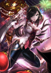 Rule 34 | 1girl, alternate costume, alternate hair color, black hair, box (hotpppink), breasts, chinese new year, cleavage cutout, clothing cutout, dual wielding, female focus, fireworks, green eyes, hair over one eye, highres, holding, katarina (league of legends), lantern, large breasts, league of legends, lion dance, lipstick, long hair, looking at viewer, makeup, paper lantern, scar, scar across eye, scar on face, solo, sword, warring kingdoms katarina, weapon