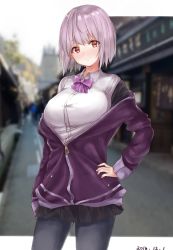 Rule 34 | 10s, 1girl, 2018, black pantyhose, black skirt, blush, breasts, closed mouth, dated, gridman universe, hand on own hip, highres, large breasts, light purple hair, looking at viewer, outdoors, pantyhose, parusu (ehyfhugj), red eyes, road, shinjou akane, shirt, short hair, skirt, smile, solo, ssss.gridman, street, white shirt, zipper