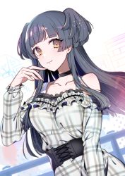 Rule 34 | 1girl, bare shoulders, black hair, blunt bangs, blush, brown eyes, closed mouth, collarbone, commentary, corset, dress, fingernails, highres, idolmaster, idolmaster shiny colors, long fingernails, long hair, looking at viewer, mayuzumi fuyuko, plaid, plaid dress, smile, solo, two side up, upper body, white background, yuura