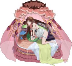 Rule 34 | 1girl, ark order, arm strap, armlet, armpits, artist request, bare shoulders, barefoot, bed sheet, black bow, bow, breasts, brown hair, camisole, curtains, frilled cuffs, full body, green eyes, large breasts, long hair, looking at viewer, mattress, official art, on bed, pillow, pout, princess and the pea, princess and the pea (ark order), round bed, sideboob, sidelocks, solo, tachi-e, thigh bow, thigh strap, tiara, transparent background, very long hair, white bow, white camisole, wrist cuffs