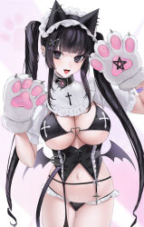 animal_ear_piercing animal_ears animal_hands bandages bandaid bandaid_on_arm bat_wings bikini black_eyes black_hair breasts cat_ears cat_paws claw_pose claws collar corset cross_hair_ornament cross_pendant detached_collar detached_sleeves ear_piercing fake_animal_ears fang frilled_collar frilled_panties frills gloves gradient_background hair_ornament hairpin heart_o-ring highres large_breasts low_wings maid_headdress mole mole_on_breast mole_on_thigh navel o-ring o-ring_bikini ompf original panties paw_gloves paw_print piercing pink_background smile star_(symbol) swimsuit twintails underboob underwear white_background wings