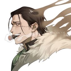 Rule 34 | 1boy, ascot, black hair, black shirt, cigar, coat, crocodile (one piece), dated, dissolving, from side, fur-trimmed coat, fur trim, green ascot, grey eyes, hair slicked back, highres, jyukawa, looking at viewer, loose hair strand, male focus, one piece, open mouth, partially colored, profile, sand, scar, scar on face, shirt, short hair, signature, smile, smoking, solo, white background
