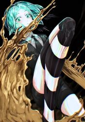 Rule 34 | 1other, androgynous, aqua eyes, aqua hair, black background, black necktie, blurry, caustics, closed mouth, collared shirt, colored eyelashes, colored skin, crystal hair, depth of field, desu bba, gem uniform (houseki no kuni), glowing, glowing hair, golden arms, highres, houseki no kuni, looking at viewer, molten metal, necktie, other focus, phosphophyllite, shirt, short hair, simple background, solo, striped skin, white skin