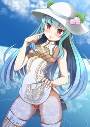 Rule 34 | 1girl, akizuki (akizuki71), blue hair, blush, breasts, china dress, chinese clothes, cleft of venus, clothes lift, cloud, dragon print, dress, dress lift, fishnet thighhighs, fishnets, food, fruit, hat, highres, hinanawi tenshi, leaf, long hair, looking at viewer, nipples, no panties, peach, pointing, pointing at self, print dress, pussy, red eyes, sky, sleeveless, small breasts, smile, standing, thighhighs, tongue, tongue out, touhou, white dress, white headwear, white thighhighs