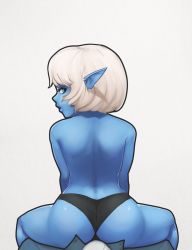 Rule 34 | 1girl, 34no404, ass, back, black panties, blue eyes, blue skin, bulge, colored skin, from behind, highres, league of legends, lips, looking at viewer, looking back, nose, open fly, panties, pointy ears, pov, pov crotch, short hair, simple background, solo focus, straddling, topless, tristana, underwear, unzipped, white hair, yordle