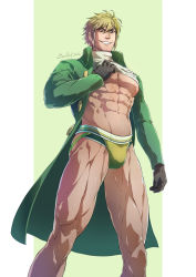 Rule 34 | 1boy, abs, artist name, bara, blonde hair, bulge, coat, creatures (company), evinist, game freak, highres, jockstrap, large pectorals, legs, looking at viewer, male focus, male underwear, mature male, muscular, muscular male, navel, nintendo, nipples, palmer (pokemon), pectoral cleavage, pectorals, pokemon, pokemon dppt, smile, tight clothes, underpec, underwear