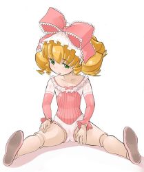 Rule 34 | 1girl, blonde hair, bow, cosplay, doll joints, flat chest, green eyes, hinaichigo, joints, leotard, ookamiuo, pink bow, rozen maiden, sitting, solo