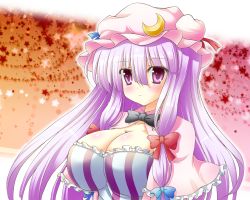Rule 34 | 1girl, blush, bow, breasts, cleavage, crescent, female focus, hat, large breasts, osashin (osada), patchouli knowledge, purple eyes, purple hair, solo, star (symbol), touhou, upper body