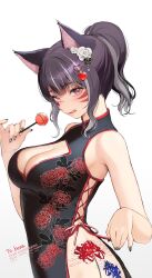 Rule 34 | 10 plus, 1girl, animal ear fluff, animal ears, black dress, black hair, black nails, blush, breasts, candy, cat ears, cat girl, china dress, chinese clothes, cleavage, cleavage cutout, clothing cutout, commission, dress, english text, eyeshadow, facial mark, floral print, flower, food, grey hair, hair flower, hair ornament, heart, heart hair ornament, highres, holding, holding candy, holding food, holding lollipop, large breasts, licking lips, lollipop, looking at breasts, makeup, medium hair, multicolored hair, original, ponytail, red eyes, red eyeshadow, sidelocks, simple background, skeb commission, sleeveless, sleeveless dress, solo, tattoo, tongue, tongue out, white background