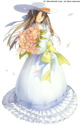 Rule 34 | 1girl, akinashi yuu, bouquet, braid, brown hair, carrying, cowboy hat, dress, flower, green eyes, gyakushuu no fantasica, hat, highres, long hair, looking at viewer, official art, open mouth, original, petals, simple background, solo, twin braids, white background, white dress