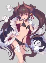 Rule 34 | 1girl, bikini, bikini top only, bird, borrowed character, breasts, brown hair, chestnut mouth, chocola-chan, commentary request, denim, denim shorts, fur trim, grey background, highres, horns, long hair, looking at viewer, navel, open mouth, original, shindou kamichi, short shorts, shorts, simple background, small breasts, solo, swimsuit, twintails, very long hair
