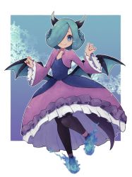 Rule 34 | 1girl, blue background, blue eyes, blue fire, blue hair, blue vest, border, bright pupils, closed mouth, commentary, commission, demon horns, demon wings, dragalia lost, dress, english commentary, fangs, fangs out, fire, full body, hair over one eye, highres, horns, lamb-oic029, leggings, long sleeves, looking at viewer, low wings, medium hair, one eye covered, outside border, pink dress, footwear flower, shoes, silke (dragalia lost), skeb commission, skin fangs, smile, solo, vest, white border, wide sleeves, wings