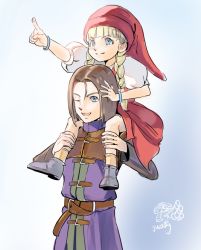 Rule 34 | 1boy, 1girl, blonde hair, blue background, blue eyes, blunt bangs, braid, brown hair, carrying, dragon quest, dragon quest xi, dress, hat, hero (dq11), juaag acgy, one eye closed, open mouth, pointing, puffy short sleeves, puffy sleeves, red dress, red headwear, short sleeves, shoulder carry, signature, smile, square enix, twin braids, veronica (dq11)