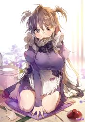 Rule 34 | 1girl, apron, arm at side, arm support, artist name, barefoot, blurry, blush, bow, bowl, breasts, brown eyes, brown hair, chopsticks, cushion, death, depth of field, dress, eyebrows, feet, fish in mouth, flower, frills, full body, glasses, juliet sleeves, large breasts, light particles, long hair, long sleeves, looking at viewer, mouth hold, on floor, original, puffy sleeves, purple bow, purple dress, purple flower, rice, rice cooker, rimless eyewear, round eyewear, seiza, sitting, solo, sukja, tatami, two side up, very long hair, white apron, x x