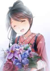 Rule 34 | 10s, 1girl, ^ ^, anchor symbol, black hair, blush, bouquet, closed eyes, flower, gradient background, happy, head tilt, highres, houshou (kancolle), japanese clothes, kantai collection, kimono, long hair, open mouth, ponytail, red flower, red rose, rose, simple background, sleeves past elbows, solo, upper body, wide sleeves, yasume yukito