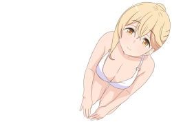Rule 34 | 10s, 1girl, bare arms, bare legs, bare shoulders, bikini, blonde hair, breasts, cleavage, closed mouth, from above, hair between eyes, kneeling, large breasts, legs, legs together, looking at viewer, matching hair/eyes, own hands together, simple background, smile, solo, sunohara ayaka, sunoharasou no kanrinin-san, swimsuit, thighs, white background, white bikini, yellow eyes