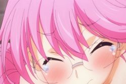 Rule 34 | 1girl, animated, animated gif, bare shoulders, blue eyes, blush, closed eyes, glasses, implied sex, moaning, open mouth, orgasm, outdoors, pink hair, rance (series), rance 01, sill plain, tears