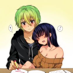 Rule 34 | !, 1boy, 1girl, bad id, bad pixiv id, bare shoulders, black hair, blush, book, breasts, cleavage, closed eyes, couple, crayon, drooling, green hair, hetero, hood, hoodie, jinguu shion, kamihara ichi, leaning on person, looking at another, natsu hotaru, open mouth, original, paper, red eyes, ribbed sweater, short hair, simple background, sleeping, sweater, table, zzz