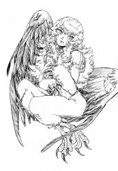 Rule 34 | 1girl, absurdres, animal feet, animal hands, atie1225, bird legs, body fur, claws, closed mouth, feather hair, feathered wings, full body, greyscale, harpy, highres, long hair, looking to the side, monochrome, monster girl, nude, original, simple background, solo, talons, tongue, tongue out, traditional media, white background, wings