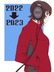 Rule 34 | 1girl, 2022, 2023, absurdres, arrow (symbol), blue background, brown eyes, brown hair, casual, closed mouth, commentary, from side, girls und panzer, hands in pockets, headphones, highres, jacket, long sleeves, looking at viewer, nishizumi maho, oritako, outside border, red jacket, short hair, smile, solo, upper body