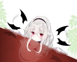 Rule 34 | 1girl, aphilia (kiyomin), bat wings, black hairband, black wings, blush, closed mouth, commentary request, detached wings, hair between eyes, hair flaps, hairband, kiyomin, long hair, long sleeves, looking at viewer, mini wings, original, plant, pointy ears, red eyes, reflection, silver hair, solo, white background, wide sleeves, wings