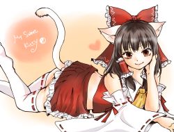 Rule 34 | 1girl, animal ears, arm support, ascot, back, bare shoulders, bow, brown eyes, brown hair, cat ears, cat tail, detached sleeves, frilled shirt collar, frills, hair bow, hair ribbon, hair tubes, hakurei reimu, head rest, head tilt, kemonomimi mode, large bow, long hair, looking at viewer, papiko (papiko8901), reverse translation, ribbon, ribbon-trimmed legwear, ribbon-trimmed sleeves, ribbon trim, smile, solo, tail, thighhighs, touhou, white thighhighs