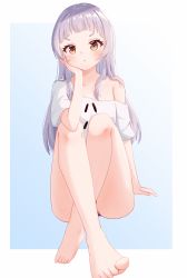 Rule 34 | 1girl, :t, absurdres, black panties, blunt bangs, blush, commentary, convenient leg, crossed ankles, elbow rest, flat chest, full body, hair down, hair ribbon, highres, hololive, icetea (8862), long hair, looking at viewer, murasaki shion, off shoulder, oversized clothes, oversized shirt, panties, pout, ribbon, shirt, short eyebrows, silver hair, single bare shoulder, sitting, solo, t-shirt, underwear, virtual youtuber, white shirt, yellow eyes