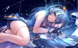 Rule 34 | adapted costume, blue eyes, blue hair, comet, crown, gloves, hai 0013, hair ornament, hair ribbon, highres, hololive, hoshimachi suisei, hoshimachi suisei (stellar into the galaxy), idol clothes, jewelry, long hair, looking at viewer, lying, mini crown, o-ring, o-ring thigh strap, official alternate costume, official alternate hair length, official alternate hairstyle, reflection, ribbon, single glove, star (symbol), star hair ornament, star in eye, symbol in eye, thigh strap, thighs, virtual youtuber