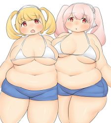 Rule 34 | 2girls, belly, bikini, blonde hair, blush, breasts, cleavage, fat, fusa (starless2323), headphones, large breasts, multiple girls, nitroplus, open mouth, pink eyes, pink hair, super pochaco, super sonico, swimsuit, twintails, wide hips