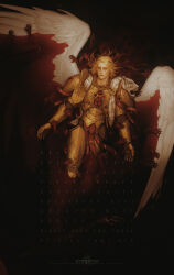 Rule 34 | 1boy, absurdres, adam&#039;s apple, angel, angel wings, armor, armored boots, artist logo, artist name, blade encarmine, blending, blonde hair, blood, blood angels, bloody tears, bloody wings, boots, breastplate, commentary, commission, couter, cuirass, death, disembodied hand, english commentary, eye of horus (warhammer), gauntlets, gem, gold armor, grabbing, grabbing another&#039;s wing, greaves, hand on another&#039;s wing, highres, laurel crown, layered armor, leg armor, leopard pelt, long hair, male focus, multiple others, parted lips, partially submerged, pauldrons, pelt, pelvic curtain, poleyn, pool of blood, power armor, primarch, red gemstone, rerebrace, roman numeral, runes, sanguinius, shattered, shoulder armor, sinking, snow leopard, solo focus, surrounded by hands, teardrop-shaped gem, usfr, warhammer 40k, white wings, wings, yellow eyes