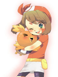 1girl brown_hair creatures_(company) game_freak gen_3_pokemon happy highres hug may_(pokemon) nintendo oomuro pokemon pokemon_(creature) torchic