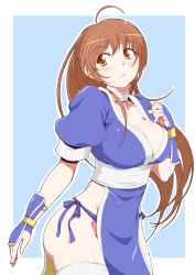 Rule 34 | 1girl, ahoge, armor, blush, breasts, brown eyes, brown hair, choker, cleavage, cropped legs, dead or alive, hair down, highres, japanese armor, japanese clothes, kasumi (doa), kote, kyo9999, large breasts, long hair, ninja, no bra, parted lips, pelvic curtain, sash, short sleeves, solo, standing, thighhighs, thighs, two-tone background, white thighhighs