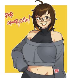 Rule 34 | 1girl, absurdres, border, breasts, brown eyes, brown hair, collarbone, commentary, commission, english commentary, glasses, grey pants, grey sweater, highres, large breasts, looking to the side, navel, off-shoulder sweater, off shoulder, original, pants, parted lips, short hair, smile, snowcie, solo, sweater, sweatpants, white border, yellow background