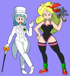 Rule 34 | 2girls, blonde hair, blue eyes, blue hair, bow, bowtie, breasts, bulma, cane, cleavage, dragon ball, dragonball z, formal, green eyes, gun, hat, lingerie, lunch (bad) (dragon ball), lunch (dragon ball), multiple girls, shenanimation, shoes, sneakers, socks, submachine gun, suit, thighhighs, toei animation, top hat, traditional bowtie, underwear, weapon