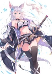 Rule 34 | 1girl, animal ears, armpits, bare shoulders, belt, black coat, black thighhighs, blue eyes, breasts, brown skirt, choker, closed mouth, coat, creature, crop top, fox ears, fox tail, fuuro (johnsonwade), hair ornament, holding, holding sword, holding weapon, katana, long hair, looking at viewer, medium breasts, midriff, miniskirt, navel, off shoulder, open clothes, open coat, original, pleated skirt, sheath, sheathed, shirt, silver hair, skirt, sleeveless, sleeveless shirt, snowflake hair ornament, solo, spaghetti strap, stomach, sword, tail, thighhighs, weapon, white background, white shirt, zettai ryouiki