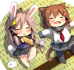 Rule 34 | &gt; &lt;, 10s, 2girls, :3, = =, > <, animal ears, antenna hair, blush, bow, brown hair, rabbit hair ornament, carrot, cat ears, cat tail, chestnut mouth, chibi, crescent, crescent hair ornament, drooling, closed eyes, hair bow, hair ornament, hair ribbon, hairclip, ikazuchi (kancolle), kantai collection, kemonomimi mode, long hair, lying, multiple girls, neckerchief, on back, open mouth, oshiruko (uminekotei), outstretched arms, pantyhose, pink hair, pleated skirt, rabbit ears, rabbit tail, red neckerchief, ribbon, school uniform, serafuku, short hair, skirt, sleeping, smile, tail, tatami, uzuki (kancolle), x3