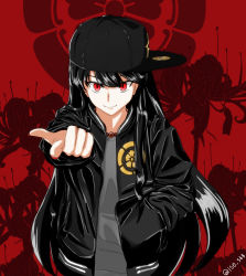 Rule 34 | 1girl, absurdres, baseball cap, beckoning, black hair, contemporary, crest, family crest, fate (series), flower, hand in pocket, hat, highres, jacket, jewelry, koha-ace, long hair, looking at viewer, nail polish, necklace, oda nobunaga (fate), oda nobunaga (koha-ace), red eyes, smile, solo, very long hair, yasu (ssk444)